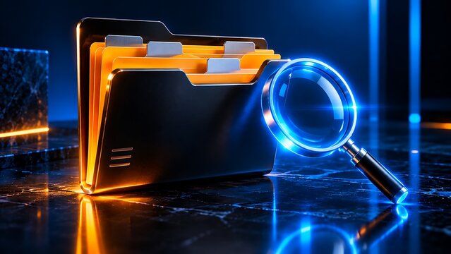 Digital file search concept featuring an organized folder and magnifying glass for document management, data storage, and information retrieval