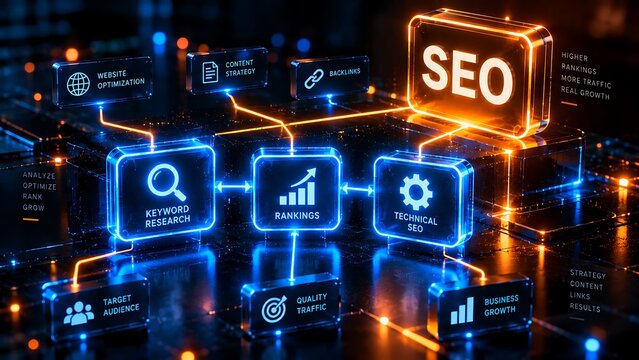 Search engine optimization concept with glowing seo interface connected to analytics, search, settings, and digital marketing tools