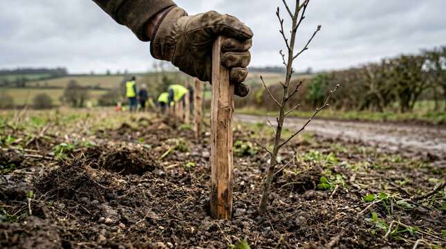 Volunteer planting a new tree sapling|Reforestation project in rural countryside|Sustainable forestry and environmental conservation|Hands-on community tree planting event