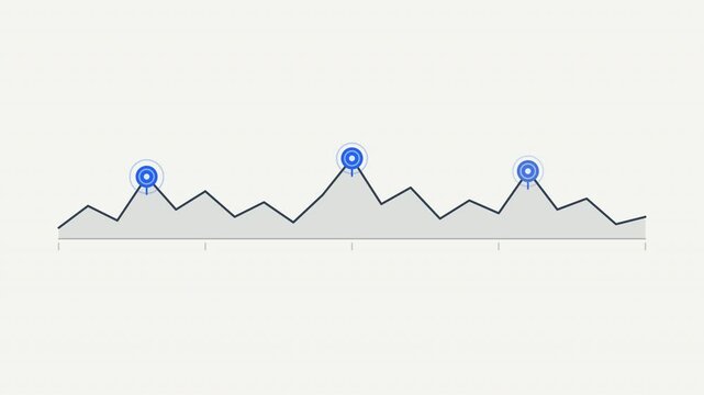 Gray line graph with jagged mountain peaks and blue circular data point markers. Suitable for financial presentations and analytical reports