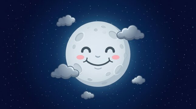 Cute Cartoon Smiling Moon with Rosy Cheeks in Dark Night Sky with Clouds