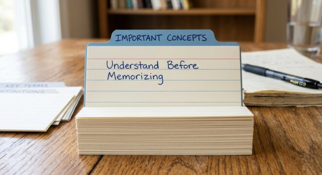 Index cards with 'Important Concepts' and 'Understand Before Memorizing' written on them, stacked on a wooden surface.