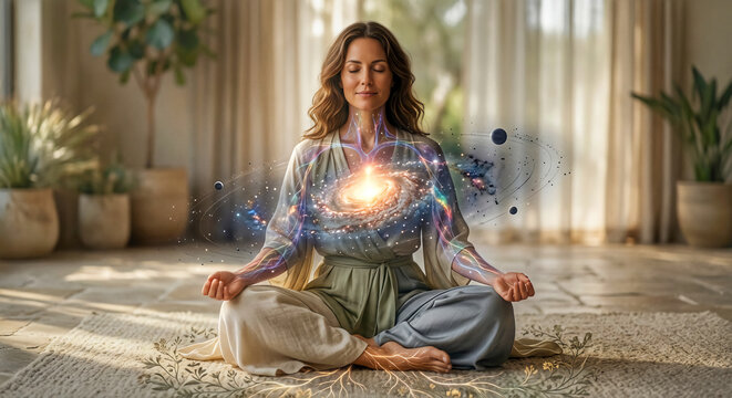 woman meditating with cosmic galaxy and universe energy in chest area