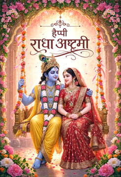 Traditional Indian Hindu deities Radha and Krishna sitting together on a swing surrounded by flowers and decorations