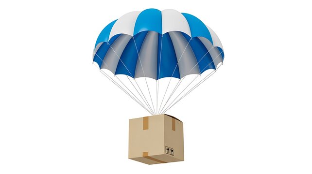 Parachute carrying a cardboard package for delivery and transportation
