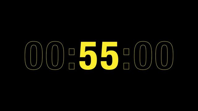 Sporty 60-second countdown timer in bold yellow type on black, with the seconds in solid fill and minutes and centiseconds in outline, evoking the high-energy aesthetic of premium sports branding.
