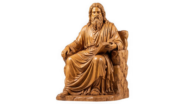 Detailed wooden sculpture of a bearded man sitting on a stone throne reading a book isolated on transparent background