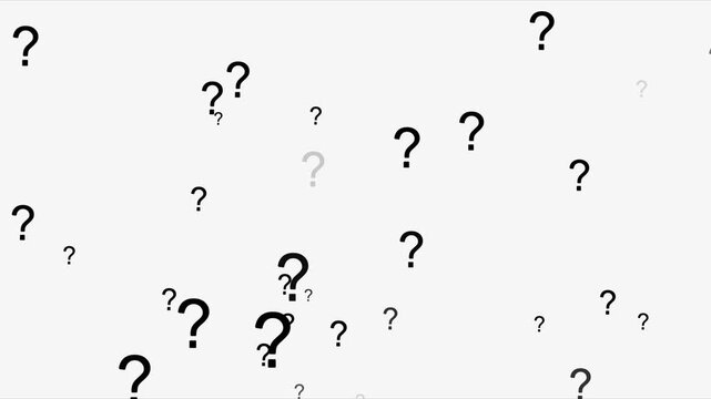 Question mark animation on white background, Question mark in motion pattern animation. Question mark sign animation. Animation of multitude glowing question marks flying.