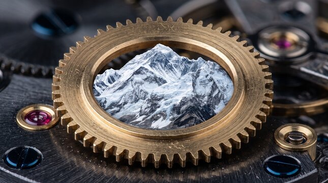Snowy mountain peak inside a golden watch gear mechanism for industrial time concept.