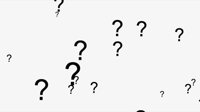 Question mark animation on white background, Question mark in motion pattern animation. Question mark sign animation. Animation of multitude glowing question marks flying.