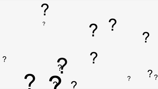 Question mark animation on white background, Question mark in motion pattern animation. Question mark sign animation. Animation of multitude glowing question marks flying.