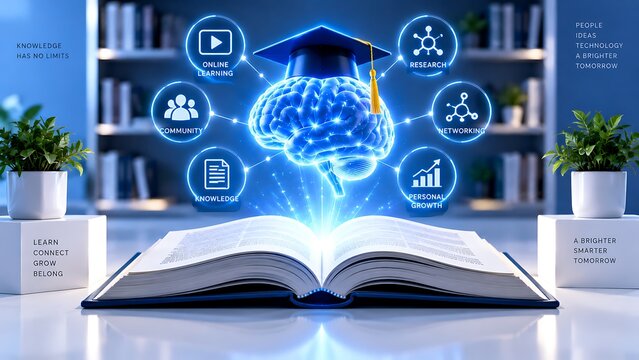 Artificial intelligence learning concept with glowing brain above an open book and digital education icons