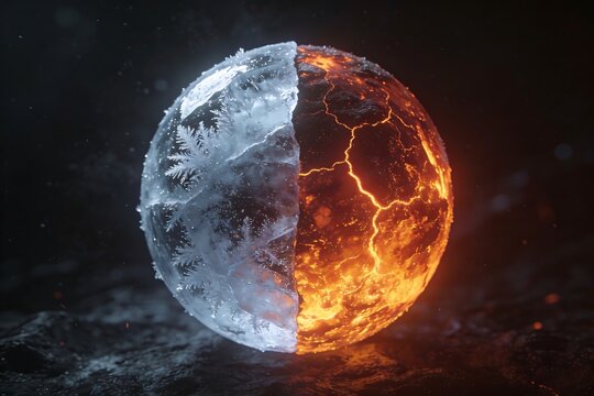 A symmetrical sphere splits into frosted ice and glowing molten lava halves creating dramatic contrast against dark background