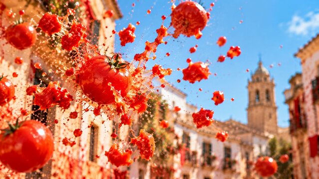 Blurred La Tomatina Tomato Splash in Spanish Festival Street