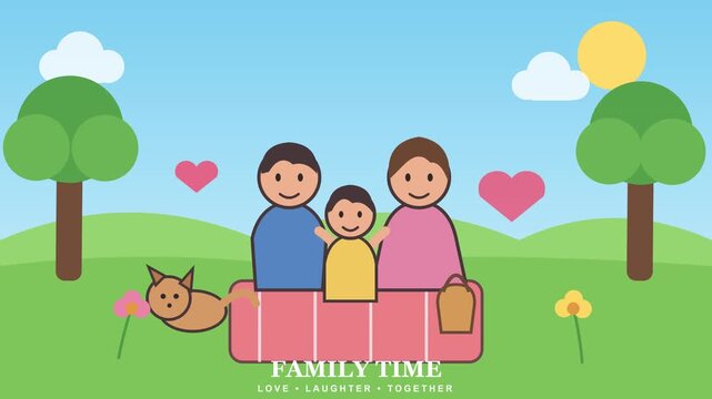 Family Time Animated Illustration with Hearts in Nature