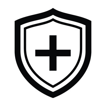 Black shield with medical cross symbol on white background