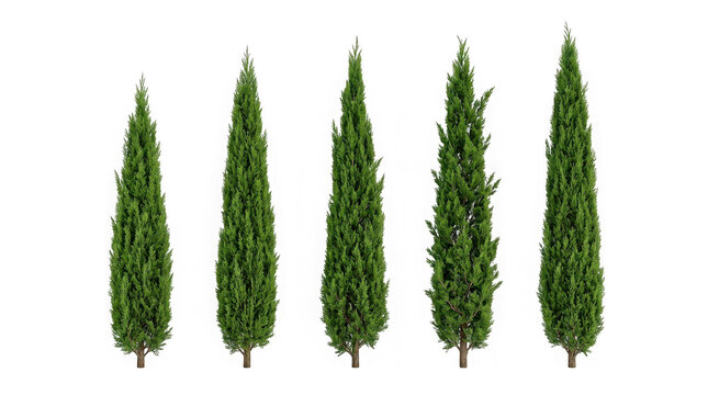 Set of five green cypress trees isolated on transparent background