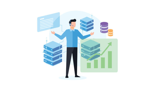 Tech support professional managing datacenter servers database hosting platforms and business statistics charts.