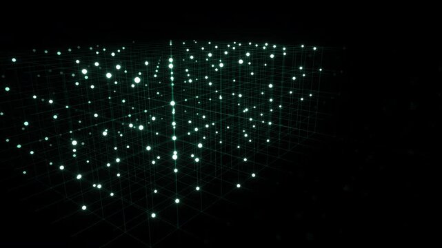 Cinematic 3D visualization of a futuristic biotechnology laboratory wireframe grid illuminated by an emerald neon scanning beam. The precision scanning light sweeps periodically across the structured