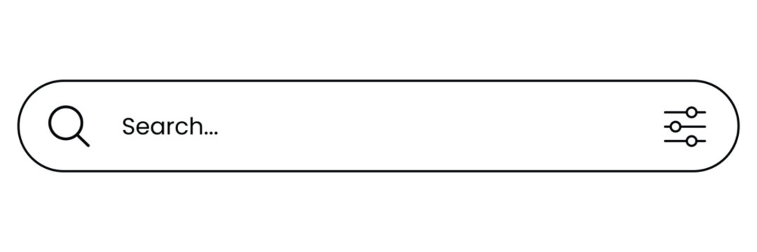 Search bar icon with magnifying glass and filter settings symbol, minimalist ui element for website or application interface