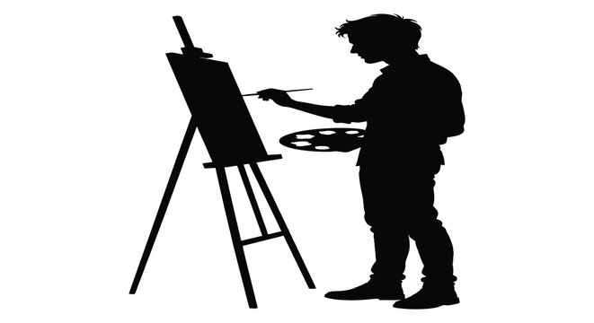 Artist painting at easel with palette black silhouette painter artwork