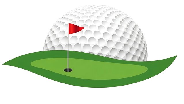 Isolated white golf ball resting behind a green putting surface with a red flag