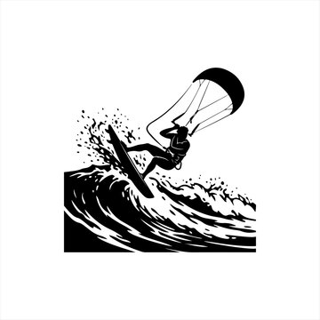 Kitesurfing silhouette riding a large ocean wave, black and white vector illustration