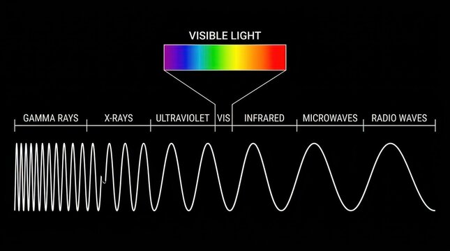 Electromagnetic Spectrum Diagram Showing Visible Light, Gamma Rays, X-Rays, Infrared, and Radio Waves on Black Background