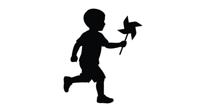 Running boy holding pinwheel depicted as a black silhouette child