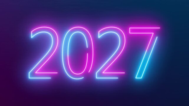 Video animation of abstract neon lights with the numbers 2027 in blue and magenta over dark background - represents the new year 2027 - vacation concept.