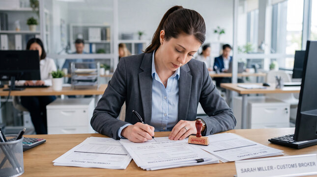 Customs broker signing import export declaration documents in office. Female professional stamping trade agreement paperwork. International trade and customs clearance concept