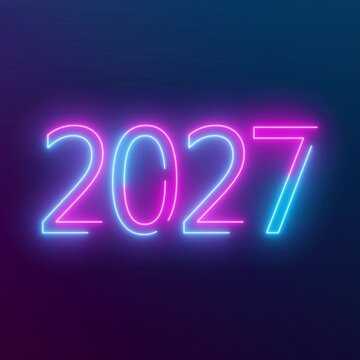 Video animation of abstract neon lights with the numbers 2027 in blue and magenta over dark background - represents the new year 2027 - vacation concept.