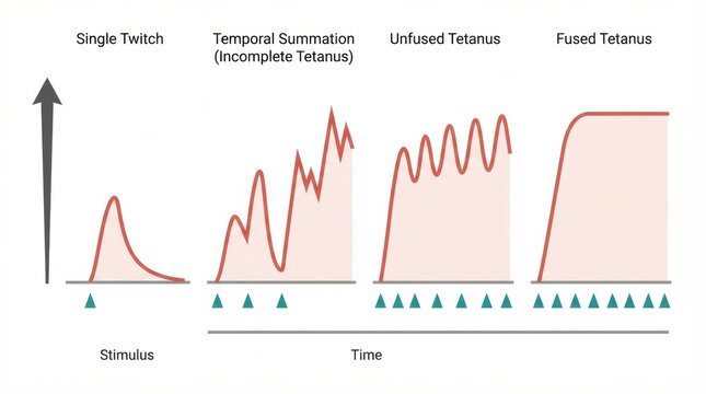 Muscle fiber structures show actin and myosin interactions during twitch summation and tetanus over time with stimulation patterns.
