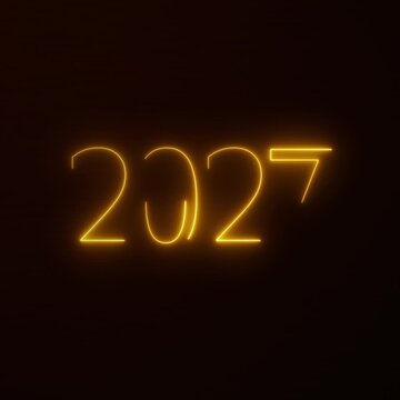 Video animation of abstract neon lights with the numbers 2027,and the message happy new year in yellow over dark background - represents the new year - vacation concept.