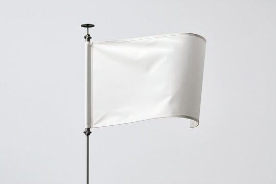 A blank white flag attached to a metal pole, shown against a plain white background, displaying custom or brand