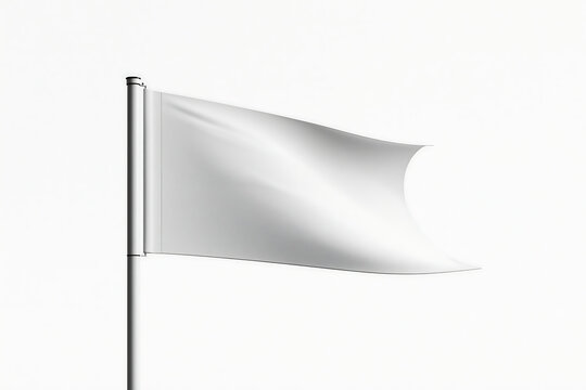 A blank white flag waving on a metal pole against a plain white background, branding or custom placement mockups