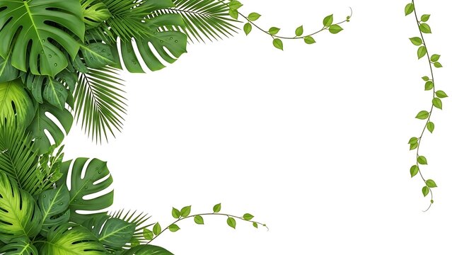 Tropical jungle leaf border frame with monstera and palm foliage on white background