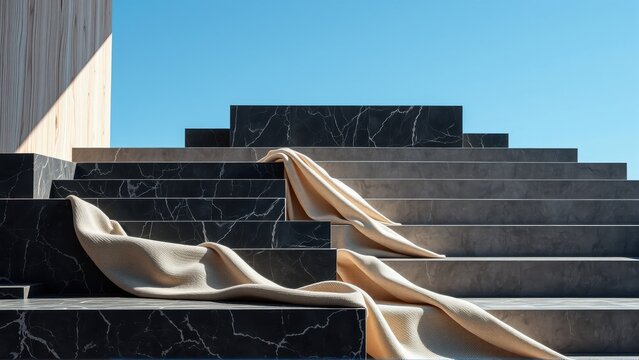 Minimalist steps ascend. Fabric drapes elegantly over dark marble tiers against bright sky. Modern design, clean lines, dramatic lighting.