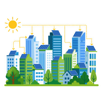 Solar City Skyline Flat Vector Illustration, 
Urban Solar Energy Concept