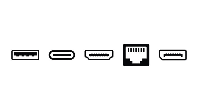 Minimalist black vector graphic set showcasing various computer connection ports for modern digital technology hardware devices in flat icon style