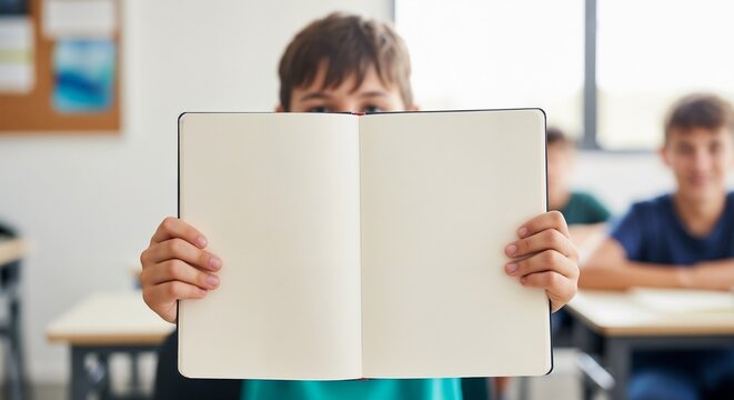 Child holding blank notebook during circle time in classroom setting. Engaged student shows empty pages of notebook while peers observe, creating an inviting atmosphere for reading.