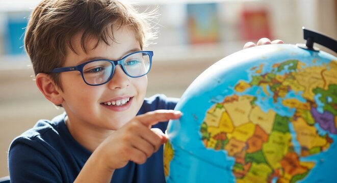 Happy child exploring globe in classroom with joy and curiosity, pointing to Africa and learning about geography. Child sits at desk captivated by globe,