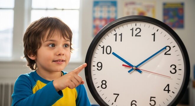 Young boy pointing at clock in classroom learning about time. Enthusiastic child is engaged in educational activity with wall clock showcasing numbers and colorful surroundings.