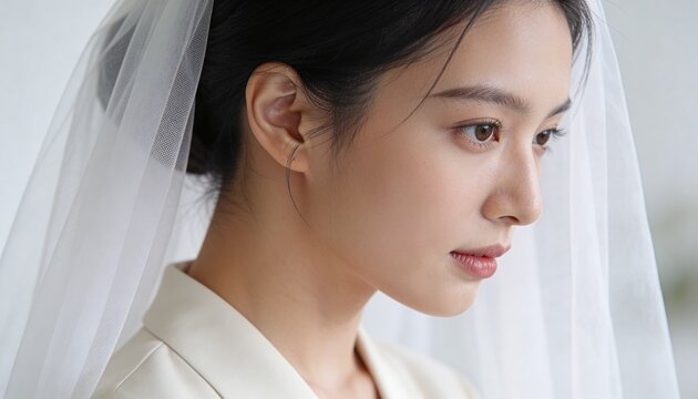 Close up profile of a young East Asian bride wearing a white veil. Elegant woman in bridal attire with a contemplative expression. Wedding and marriage concept