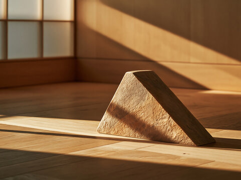 A triangular piece of textured light brown wood resting on a wooden floor inside a room with shoji screen walls and warm natural sunlight