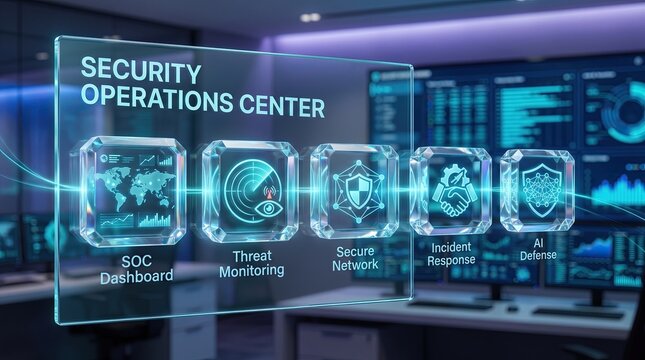 Futuristic security operations center with glowing digital displays and data visualization