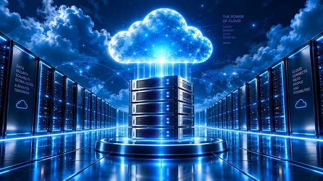 Cloud computing data center with glowing digital cloud above secure server racks representing modern technology infrastructure and storage