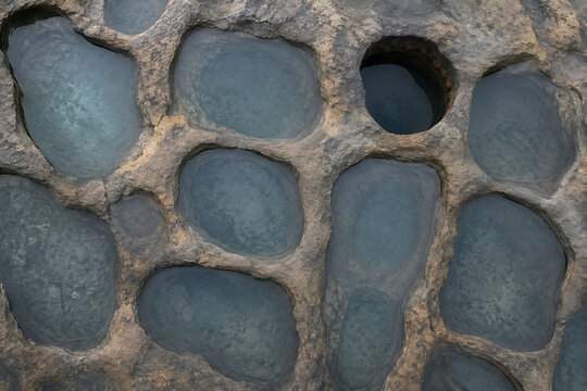 Close up of weathered rock surface with natural circular pools of still water, creating a textured pattern of dark grey stone and blue liquid