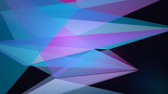 Dynamic poly motion background with overlapping translucent blue and purple geometric triangles, concept for digital technology, ideal for high-tech presentation slides and website headers