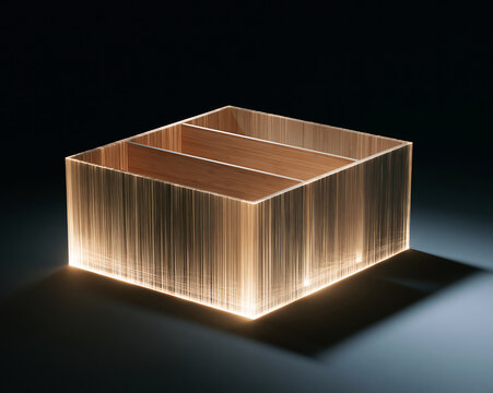 Glowing wooden box with internal dividers and vertical light rays, isolated on a dark background, showcasing a minimalist geometric structure